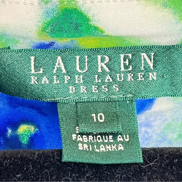 Ralph Lauren Dress Floral Watercolor Green Blue Yellow Ruching Stretch Sz 10 - Picture 7 of 9